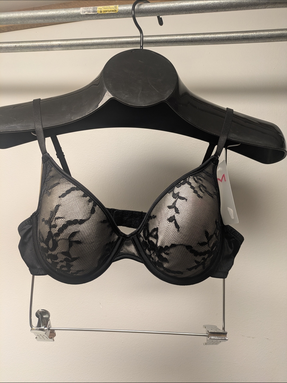 36B Maidenform Black & Silver Light Pad Underwire Bra, Sheer Floral Design 7312